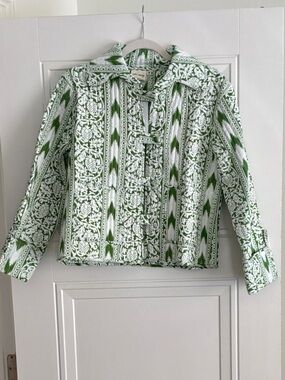 Green & White Printed Button-Front Shirt Jacket
